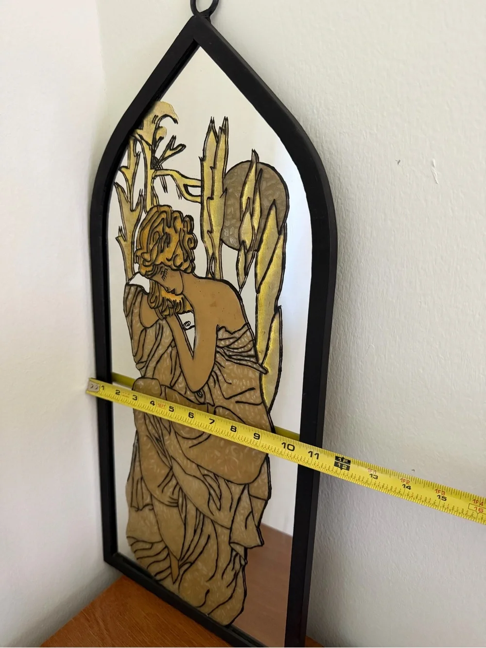 Vintage Gold and Black Glass Wall Mirror with Art Nouveau Figure